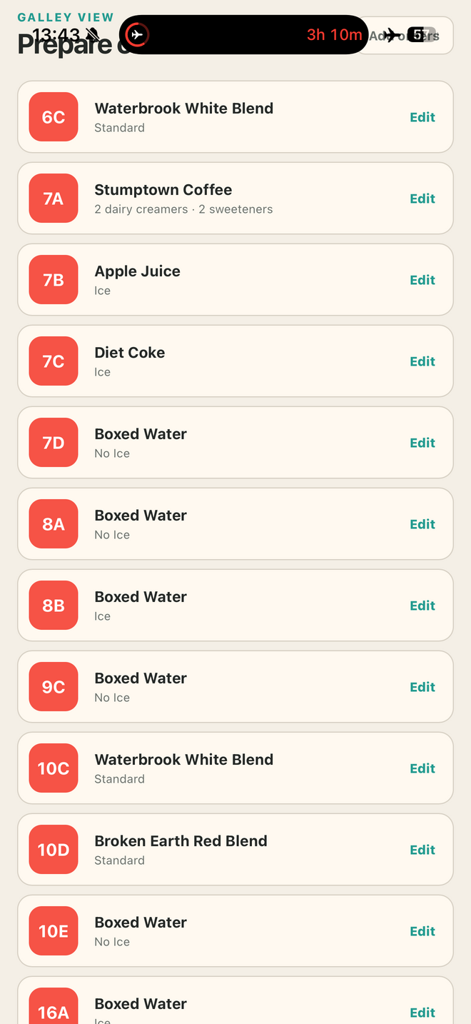 Cabin Drinks galley preparation list with seats and drink modifiers