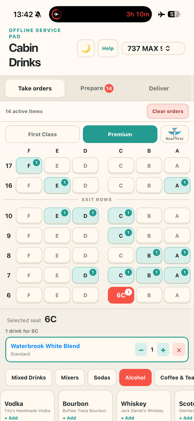Cabin Drinks Premium seat map with active beverage orders