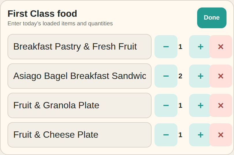 First Class food menu populated with the scanned items and their loaded quantities
